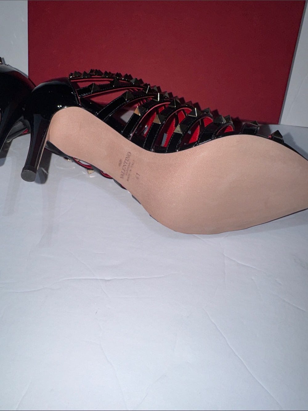 Valentino Garavani Black and Red Rockstud Cage Pointed Toe Stiletto Heels - Picture 9 of 14